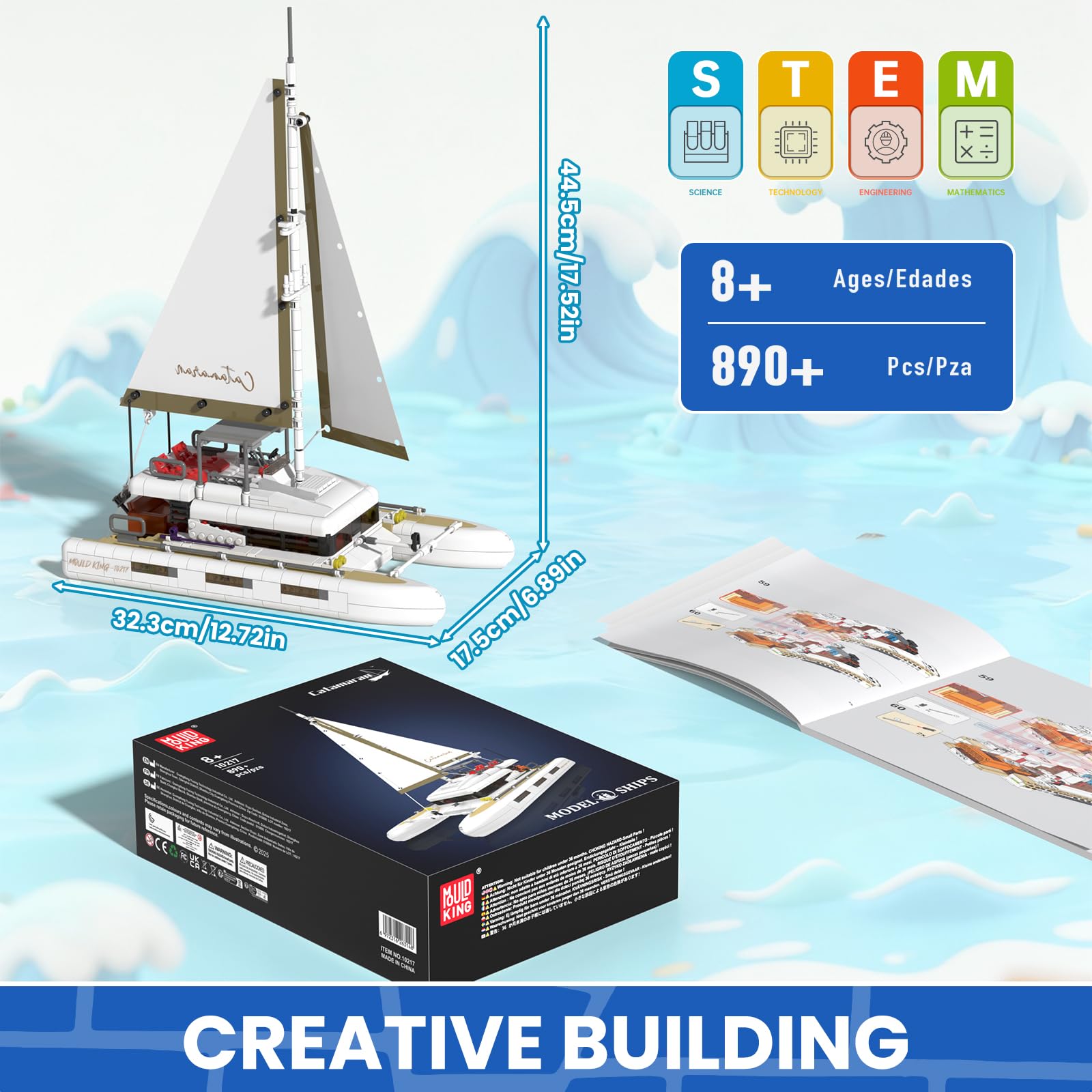 Mould King Catamaran Sailboat Building Kits, Ocean Explorer Boat Model, House Decor for Boys to Play, Gift for 8+ Years Old and Adult (890 Pcs)