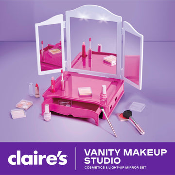 Claire's Makeup Vanity with Light-Up Tri-Panel Mirror, 13-Piece Real Cosmetic Set, Pretend Play Makeup for Kids 8-12, Girl Toys & Beauty Activity Gift