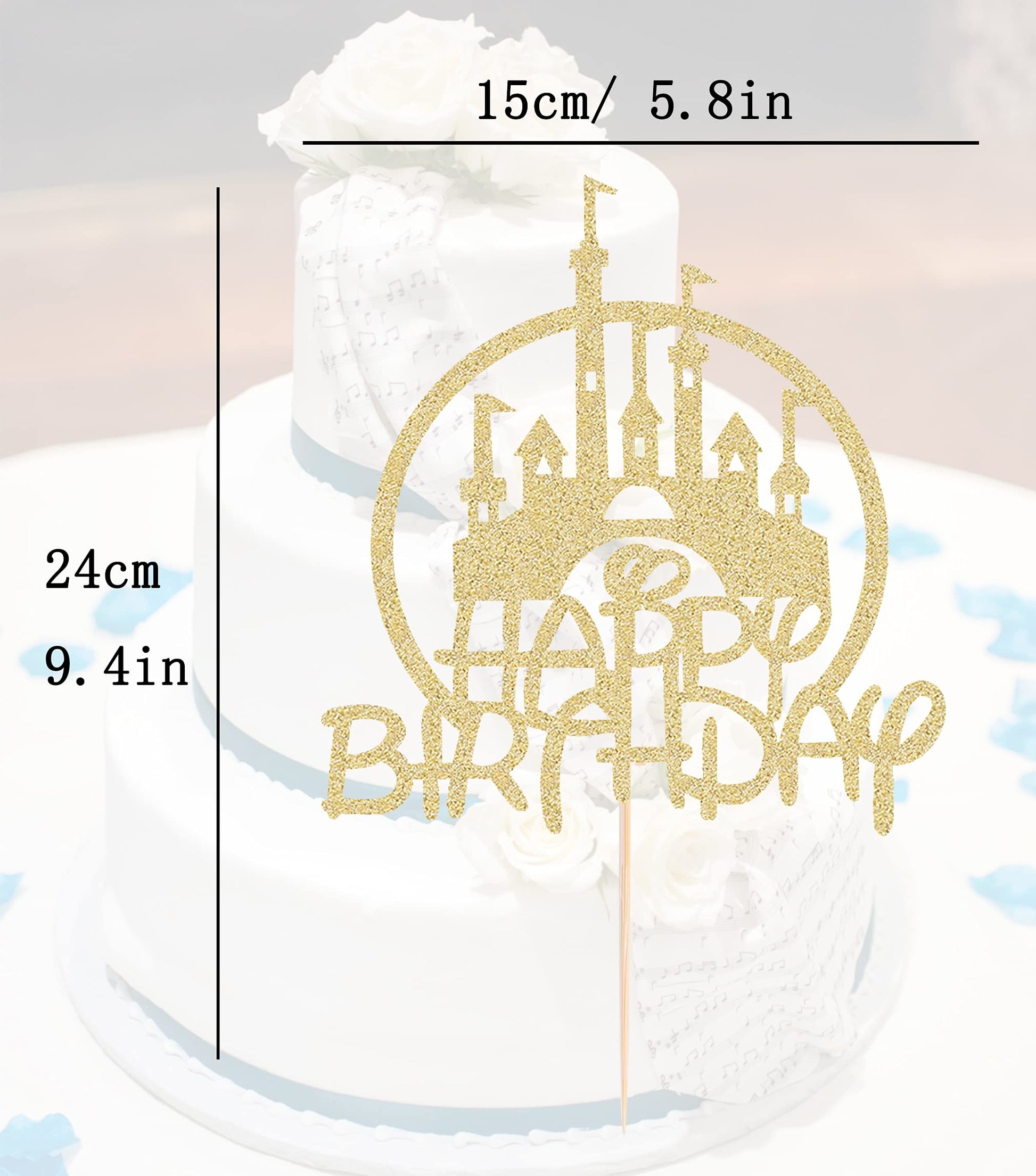 Castle Birthday Cake Topper - Gold Glitter Castle Theme Birthday Party Cake Decoration Supply - Princess Prince Happy Birthday Cake Topper Photo Prop