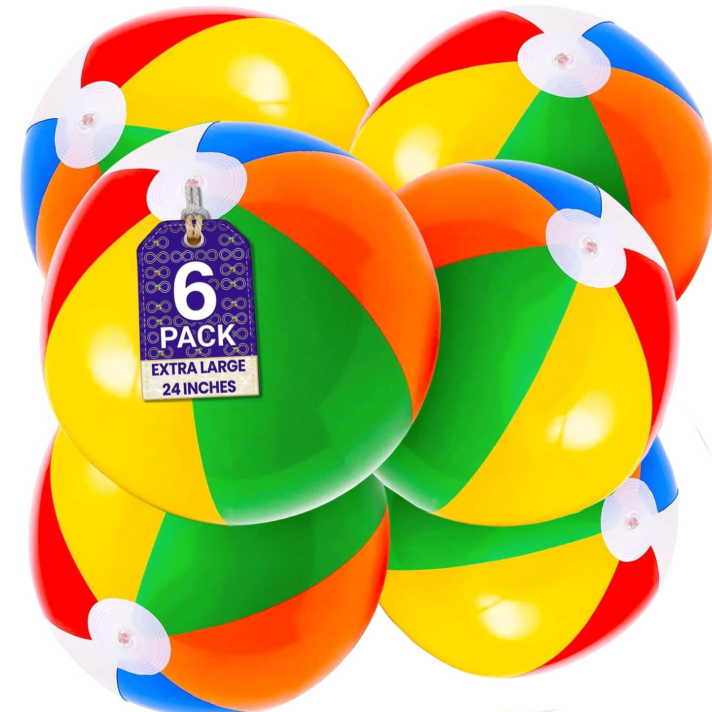 Top Race 6 Pack Inflatable Large Beach Balls 24 inch Pool Ball Summer Parties, and Gifts, Pool Balls for Swimming Pools - 6 Set Blow up Rainbow Color