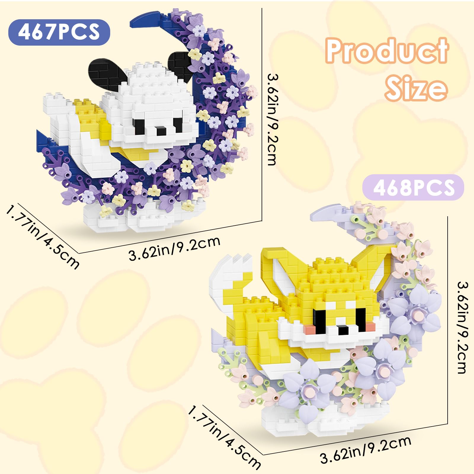 Uermis 2 Pack Cute Dog Micro Building Set, Mini Animal Set with Moon Flower Wreath, Creative Art Craft and Home Decor, Ideal Gift for Teens Adults