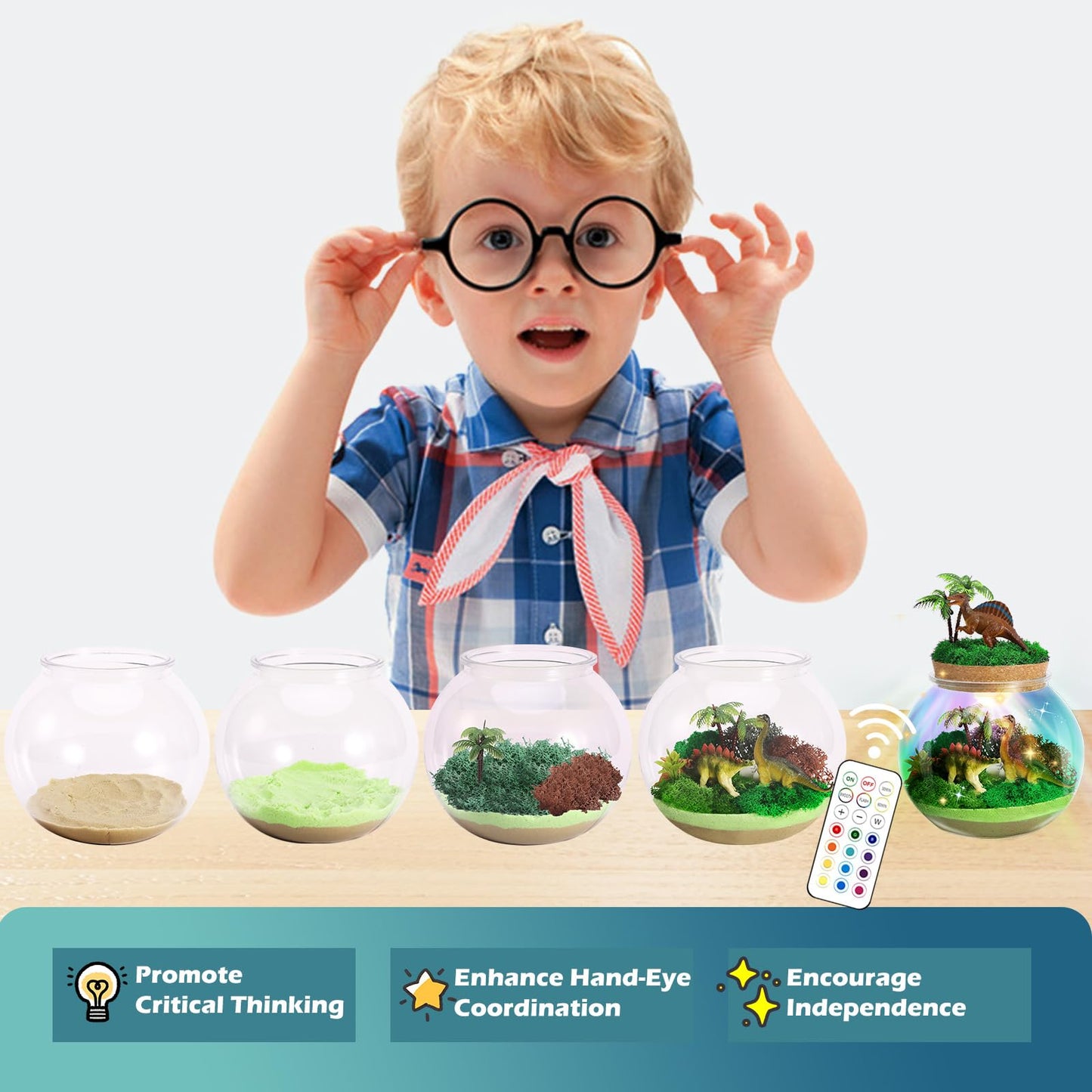 kiddgroo Dinosaur Light-Up Terrarium Kit for Kids- Birthday Gifts for Boys Ages 4 5 6 7 8-12 Year Old- Dinosaur Toys for Boys with Multicolor LED