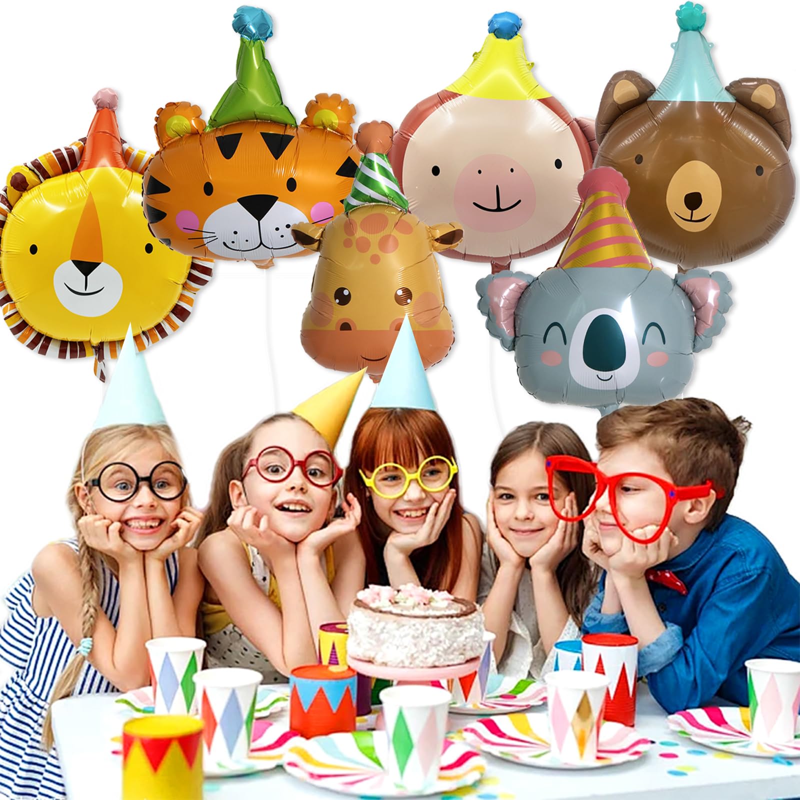 Paltianty 6Pcs Jungle Animal Foil Balloon Set, Lion Tiger Giraffe Monkey Koala Bear Balloons with Straw and Ribbon for Safari Birthday Party Decor