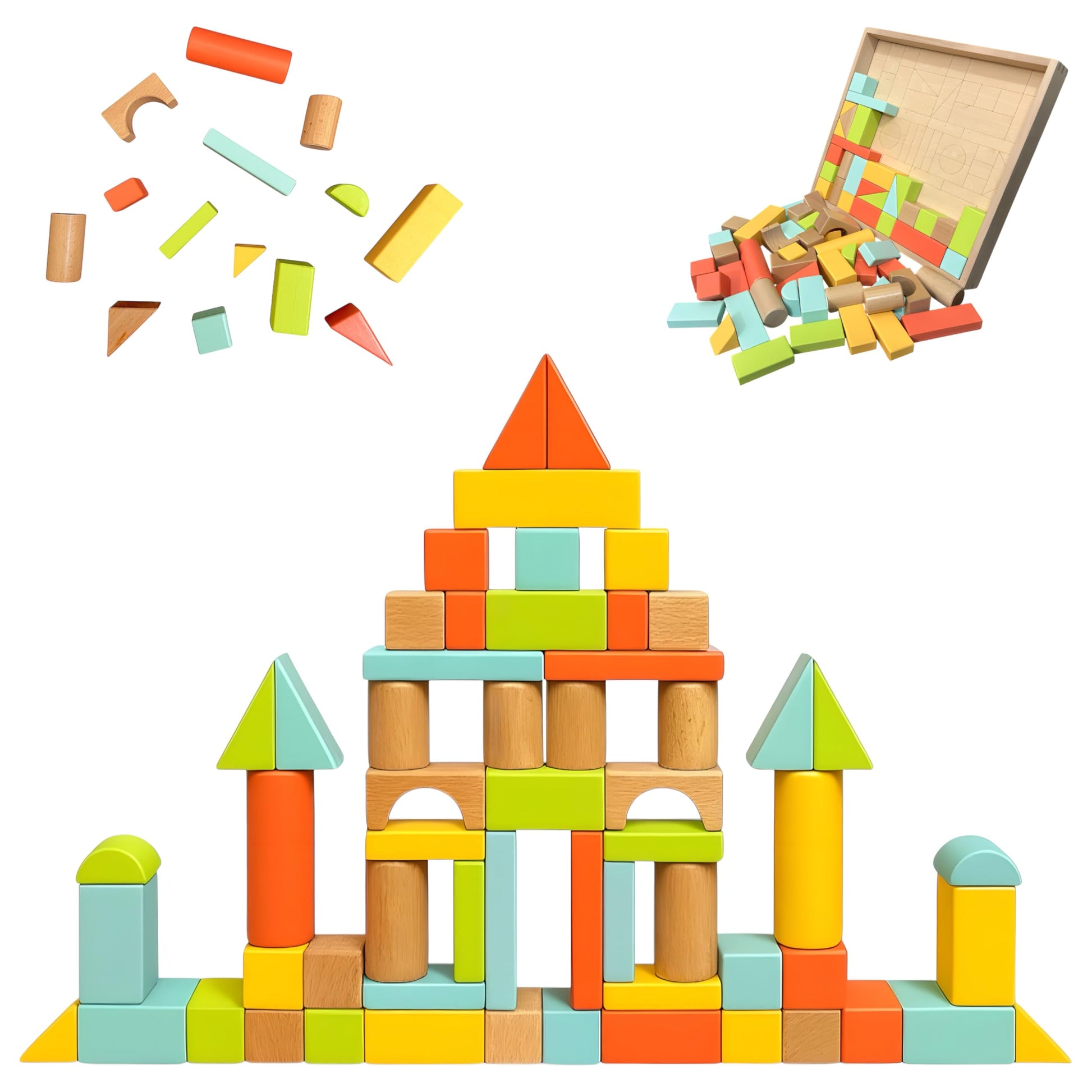 Natural Wood Building Blocks Set, 72 Pastel Color Pieces Castle Construction Blocks with Storage Tray, Educational STEM Learning Toys for Kids