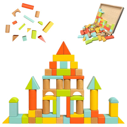 Natural Wood Building Blocks Set, 72 Pastel Color Pieces Castle Construction Blocks with Storage Tray, Educational STEM Learning Toys for Kids