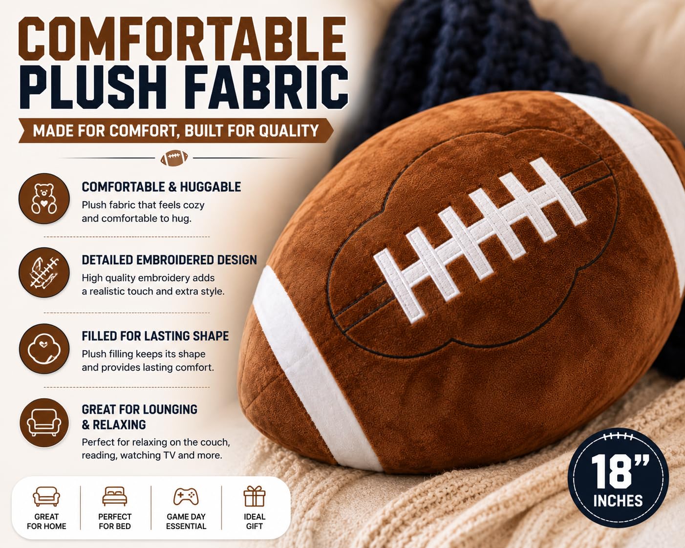 Olivia Martini Large 18 Inch Football Plush Pillow for Boys & Girls