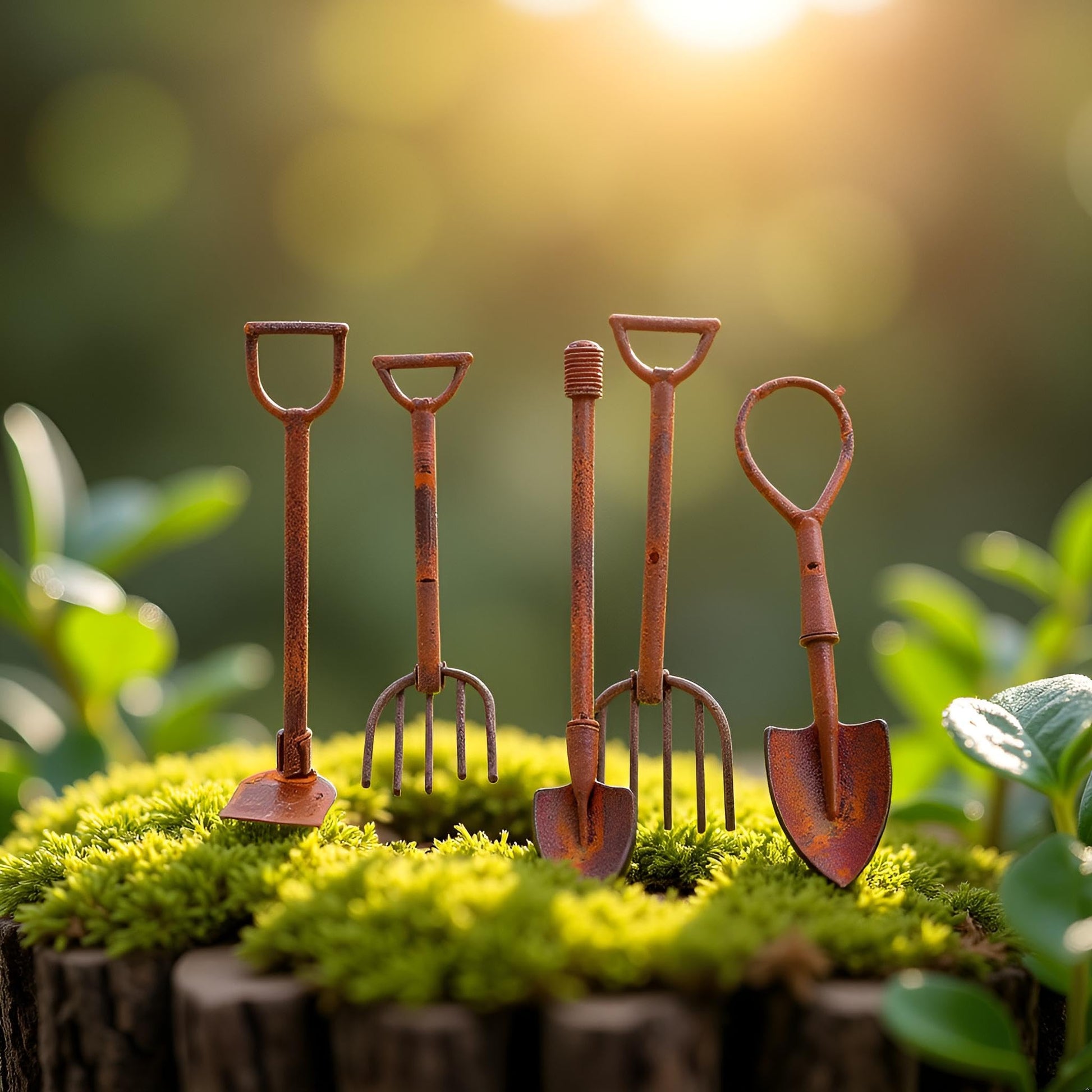 4 Pcs Miniature Dollhouse Garden Tools 1:12 Mini Rusty Shovel Hoe and Pitchfork Fairy Garden Accessories Furniture Ornaments Micro Landscape Decor