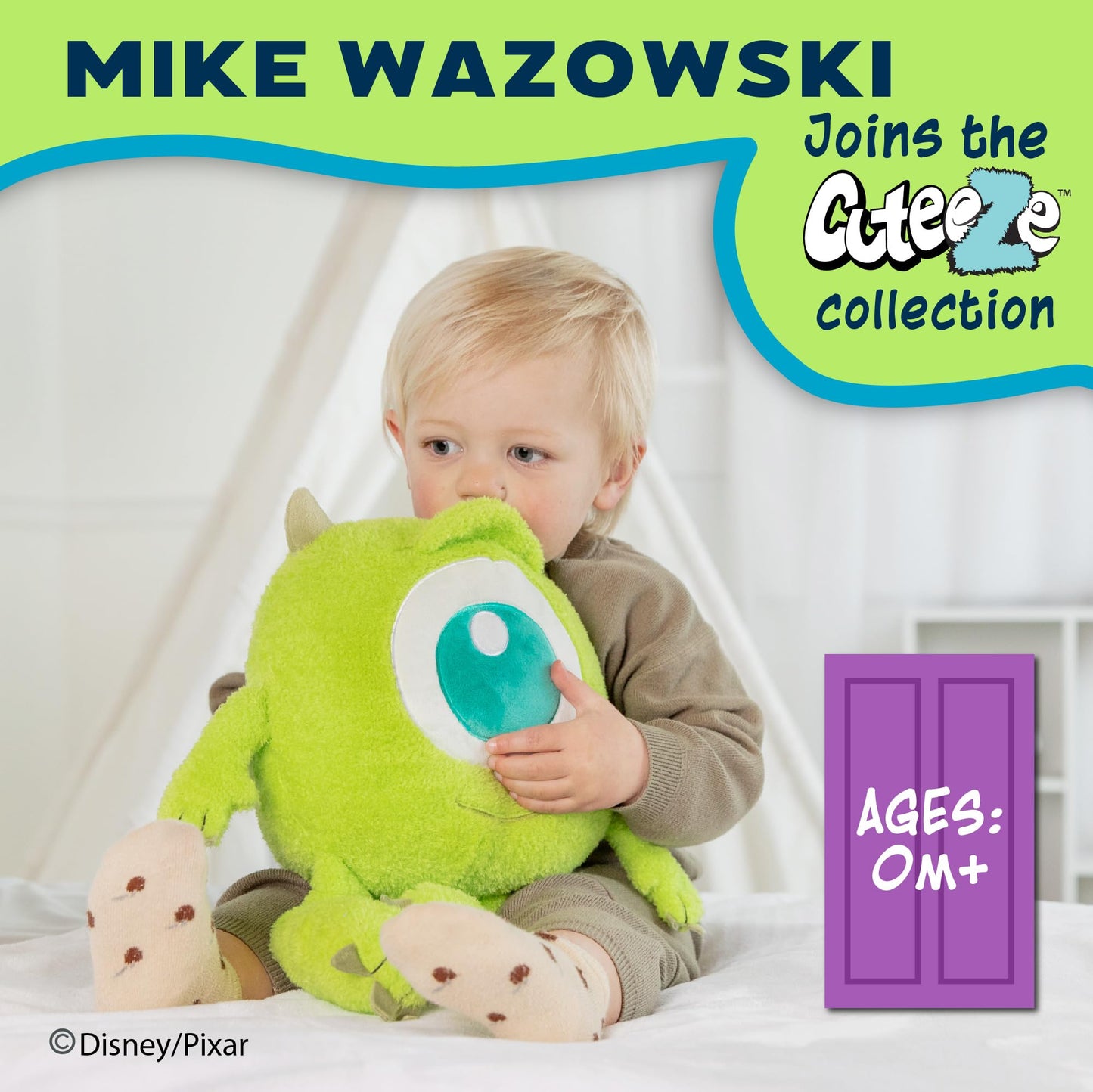 Disney Monsters Inc. Mike Wazowski Cuteeze Plush - Cute Cuddle Plushie Gift for Baby and Toddler Boys and Girls - 12 Inches