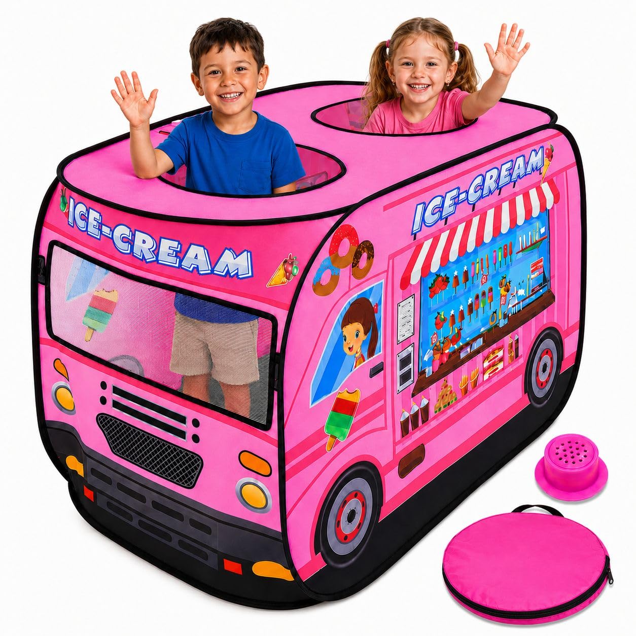 Playbees Musical Ice Cream Truck Pop Up Play Tent with 3 Openings - Tent for Toddlers - Indoor & Outdoor - Pop Up Tents for Kids - Includes Carry Bag