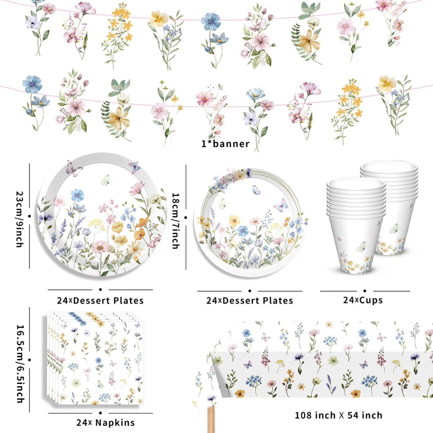 Wildflower Party Supplies Spring Floral Party Supplies Tableware with Wildflower Plates Napkins Cups Tablecloth Banner for Girls First Birthday Floral