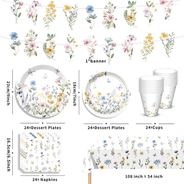 Wildflower Party Supplies Spring Floral Party Supplies Tableware with Wildflower Plates Napkins Cups Tablecloth Banner for Girls First Birthday Floral