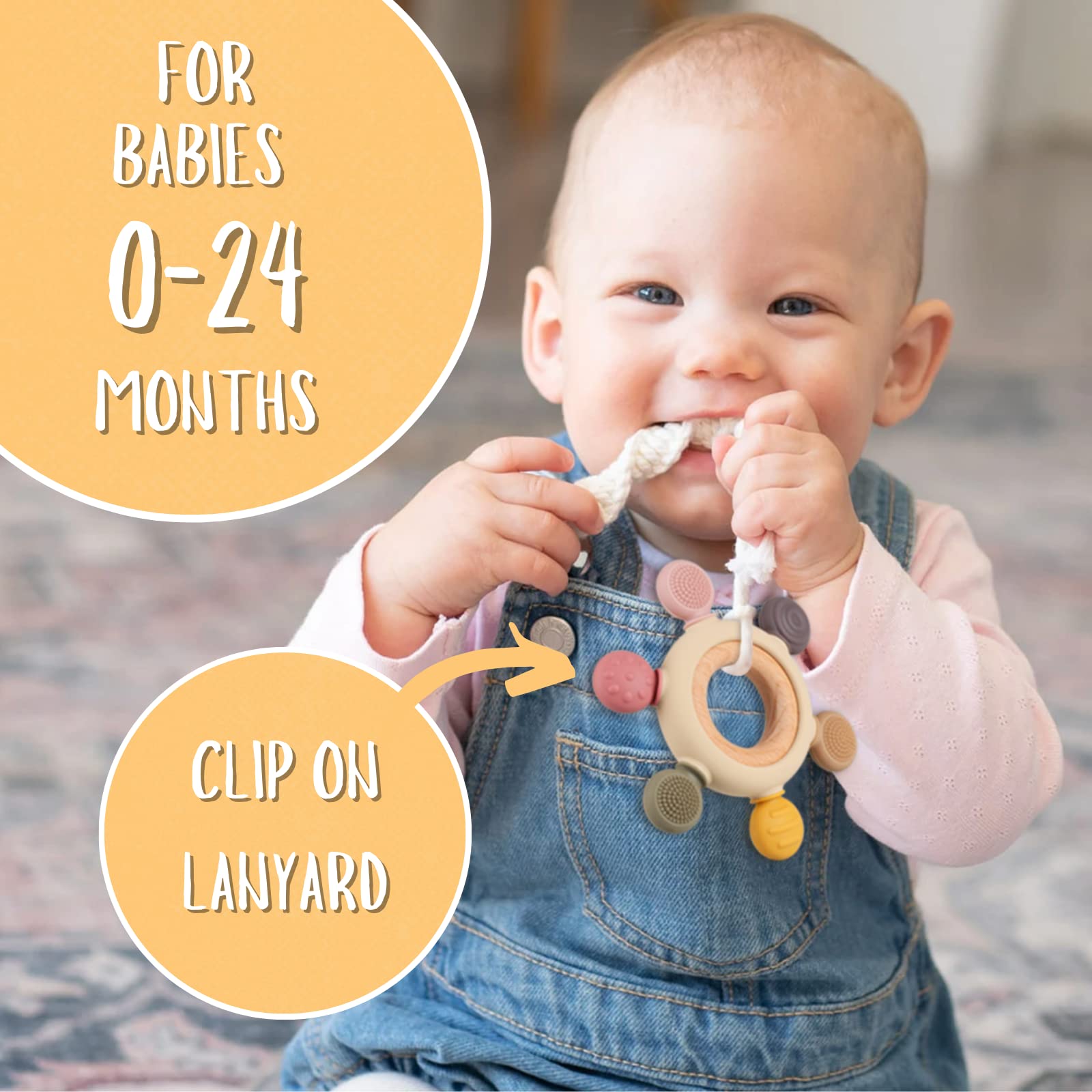 Baby Teething Toys, Silicone Chewable Teethers with Wooden Ring for Soothing Babies Gums, Rudder Chewers Shower Gift for lnfants & Toddlers, 3+ Months
