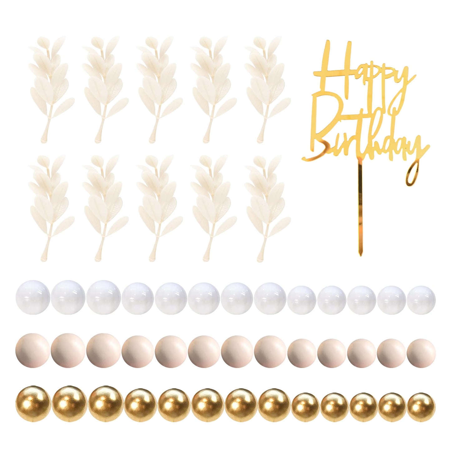 Khaki Balls Cake Topper Boho Grass Cake topper Khaki White Gold Pearl Balls Happy Birthday Cake Decorations for Wedding Birthday Boho Themed Supplies