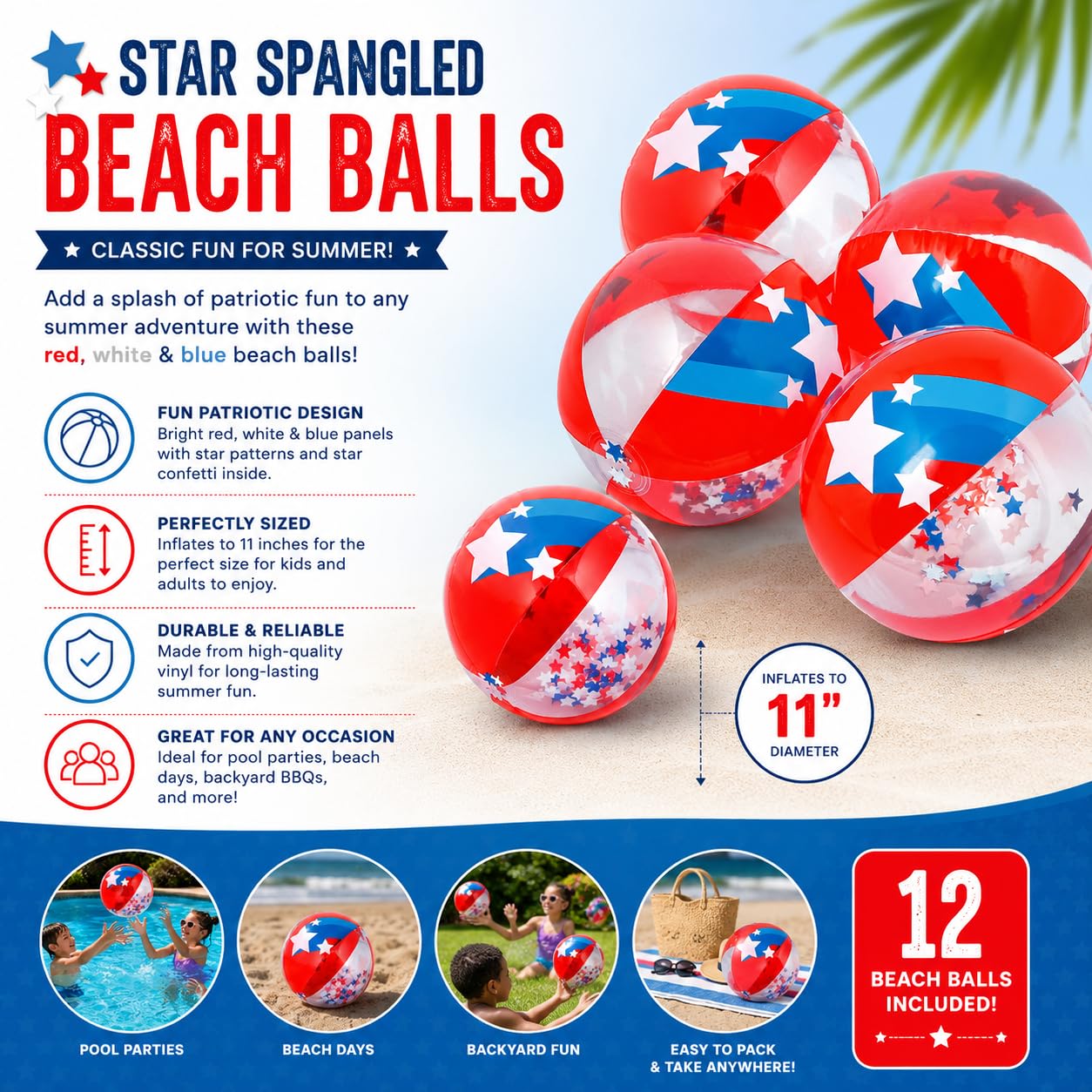 Fun Express Patriotic Confetti Beach Balls Bulk 12 Pack - Red White Blue Inflatable Pool Toys for 4th of July Party Decorations | Large 11 Inch Beach