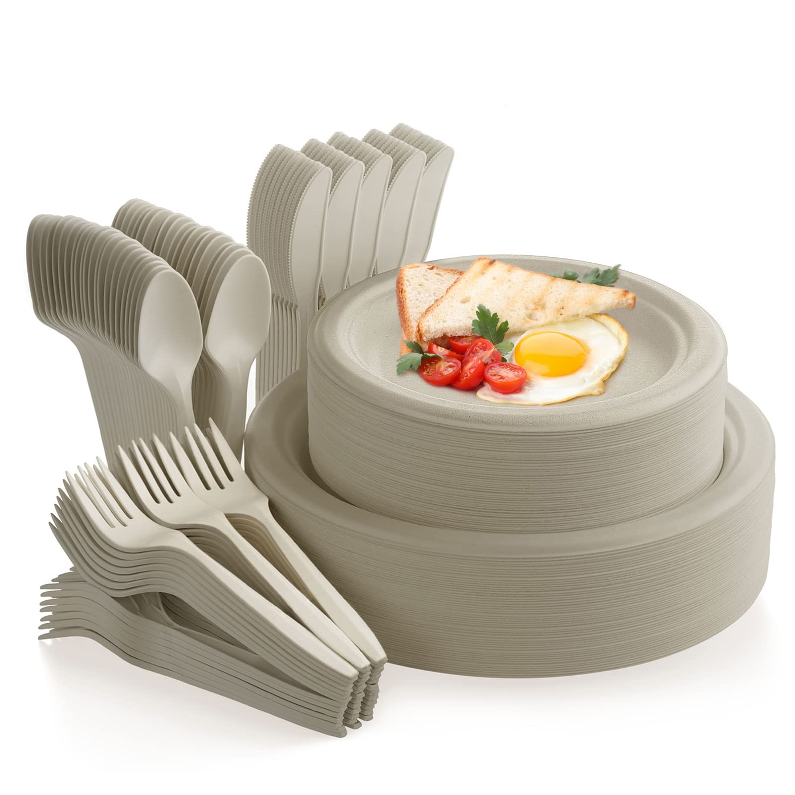 Fuyit Compostable Paper Plates with Cutlery Set, Disposable Dinnerware