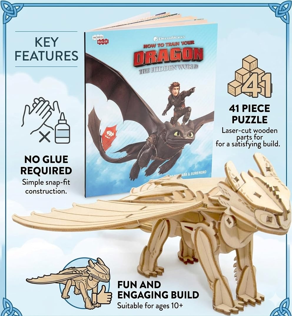 DreamWorks How to Train Your Dragon Toothless 3D Wood Puzzle Model Kit (41 Pcs) with Book - Build & Paint Your Own 3-D Dragon Figure Toy No Glue