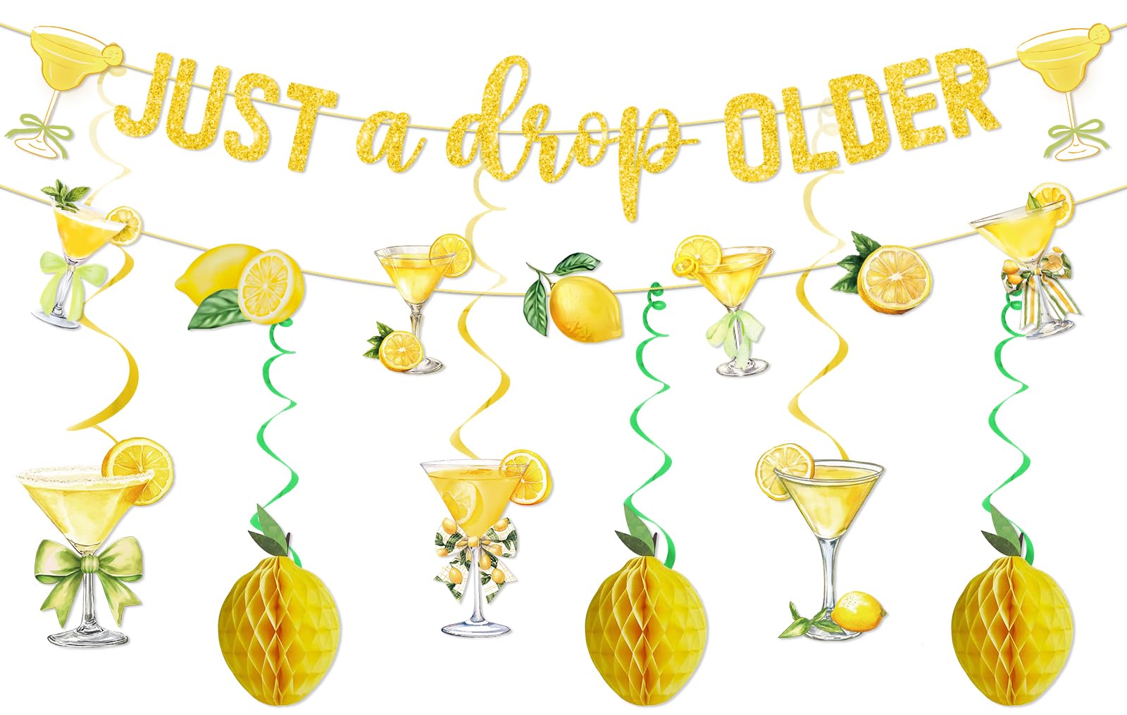 Just A Drop Older Gold Glitter Banner with Hanging Swirls Lemon Party Decorations Lemon Themed Party Decor Lemon Birthday Decorations