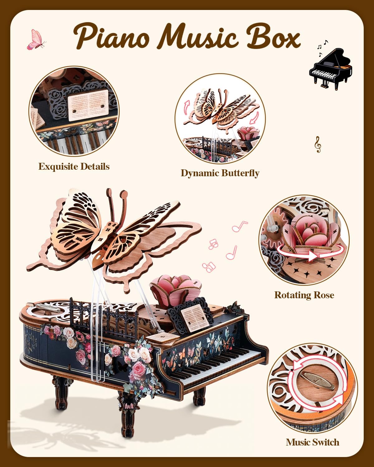 Rnfinewow 3D Puzzles for Adults, 3D Piano Puzzle Model Kit, Wooden Piano Puzzles for Adults Home Desk Decor DIY Crafts Wooden Music Box Puzzle Gifts