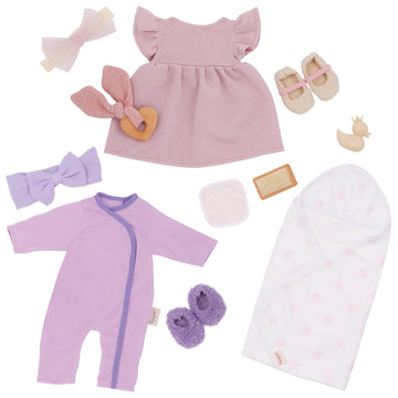 LullaBaby - 13 Pieces Fashion Set - 14-Inch Baby Doll Clothes - Pajama, Dress & Bath Accessories - Pretend Play 2+ Years- Baby Doll Clothing Set
