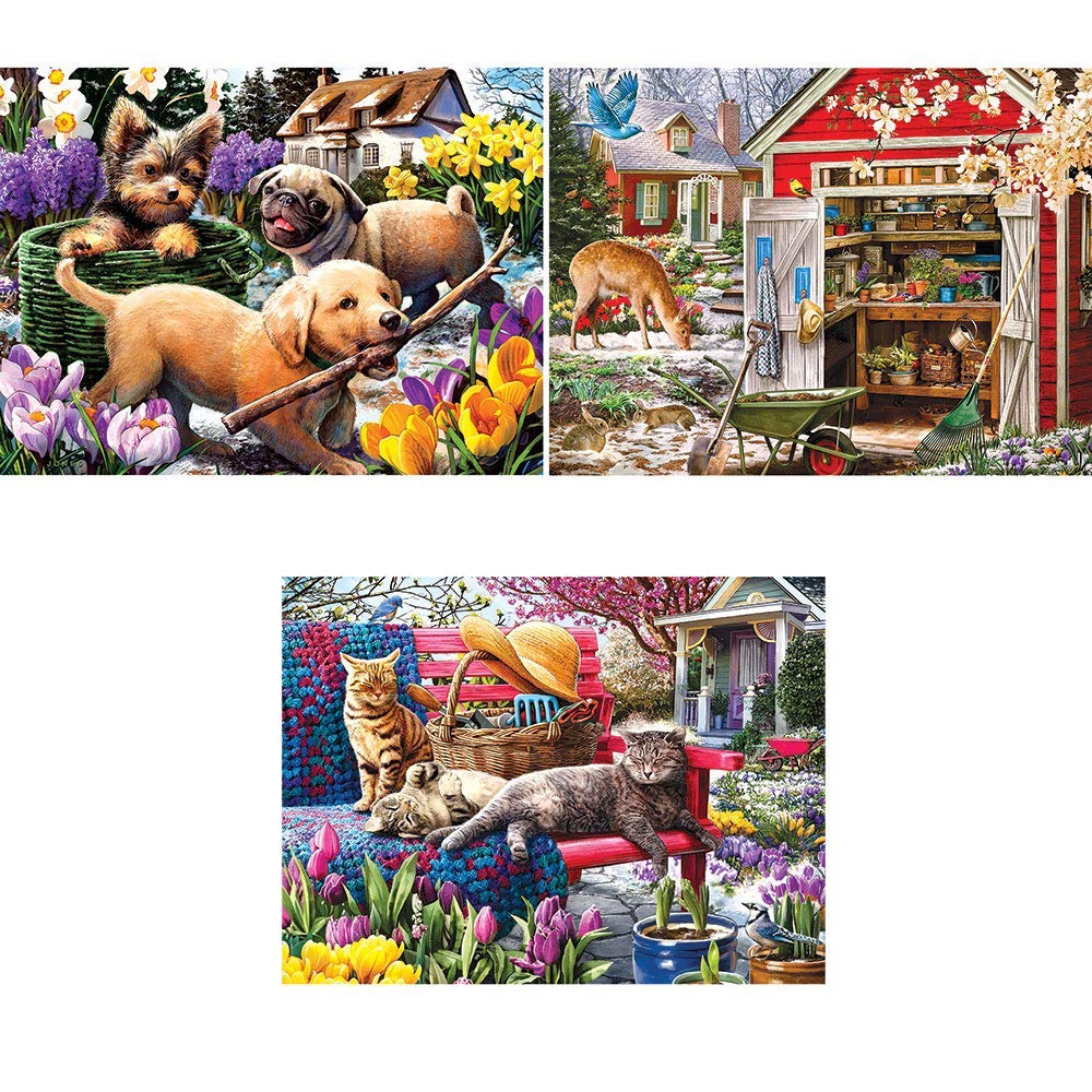 Bits and Pieces - Value Set of Three (3) - 300 Piece Jigsaw Puzzles for Adults - Spring Collection Large Piece Jigsaws by Artist Larry Jones - 18” x