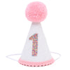 LINLULU First Birthday Hat with Pink Pom Topper - Glitter White Hat, 1st Birthday Cake Smash Photo Prop, Pink Girl Decoration