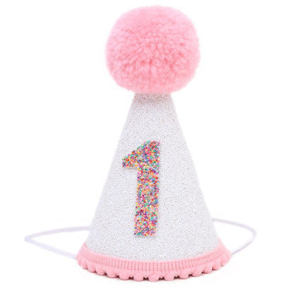 LINLULU First Birthday Hat with Pink Pom Topper - Glitter White Hat, 1st Birthday Cake Smash Photo Prop, Pink Girl Decoration