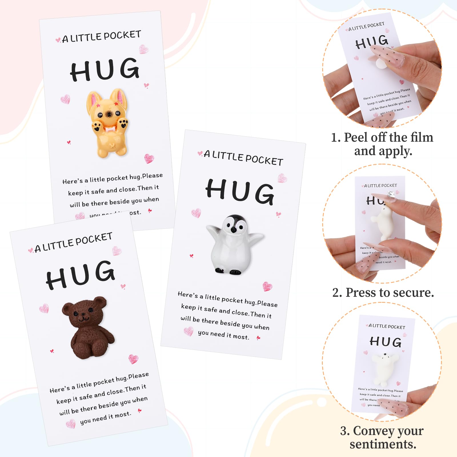 UzYlquw 24Set Pocket Hug Bulk Gifts, Mini Cute Resin Tokens with A Pocket Hug Cards, Thinking of You Gifts for Friends Coworkers Family Staff, Long