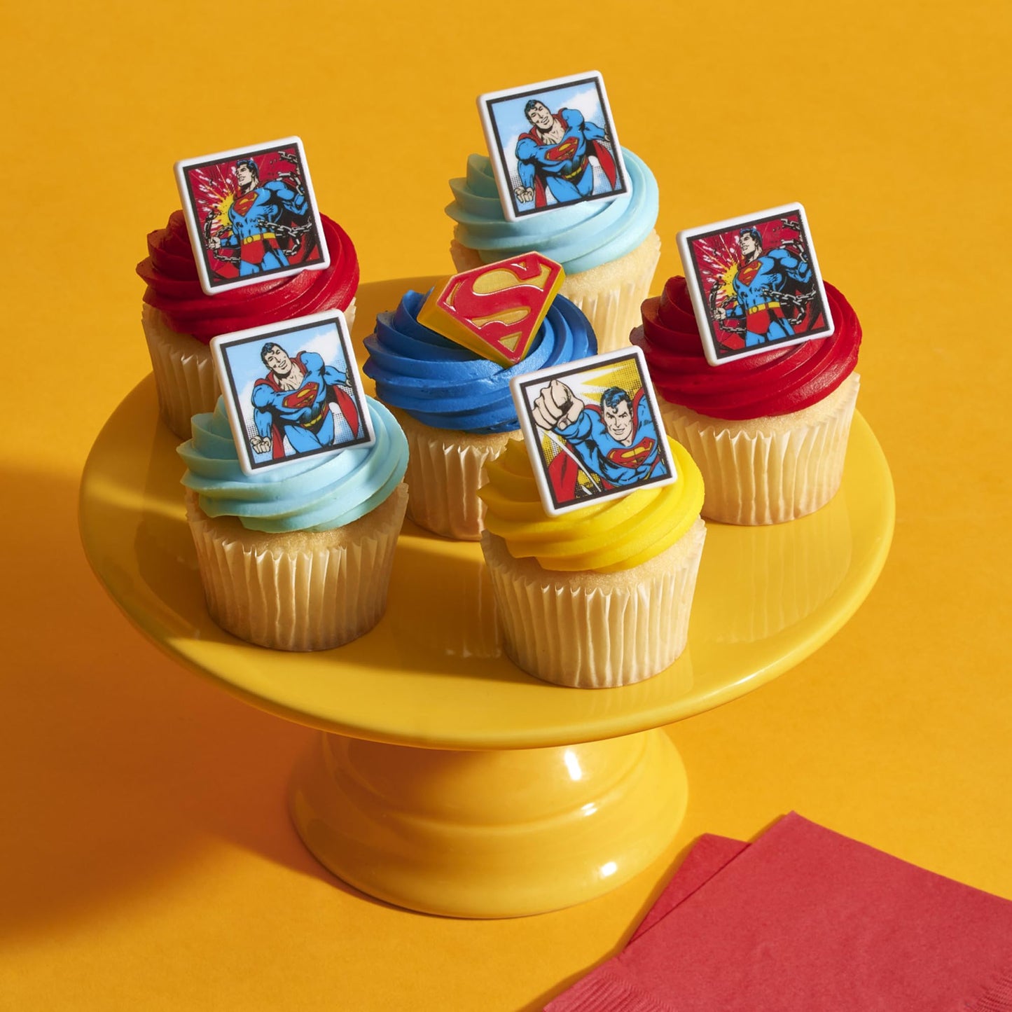 24 Superman Cupcake Rings, Superhero DC Cupcake Decorations, Food Safe Cake Toppers - 24 Pack