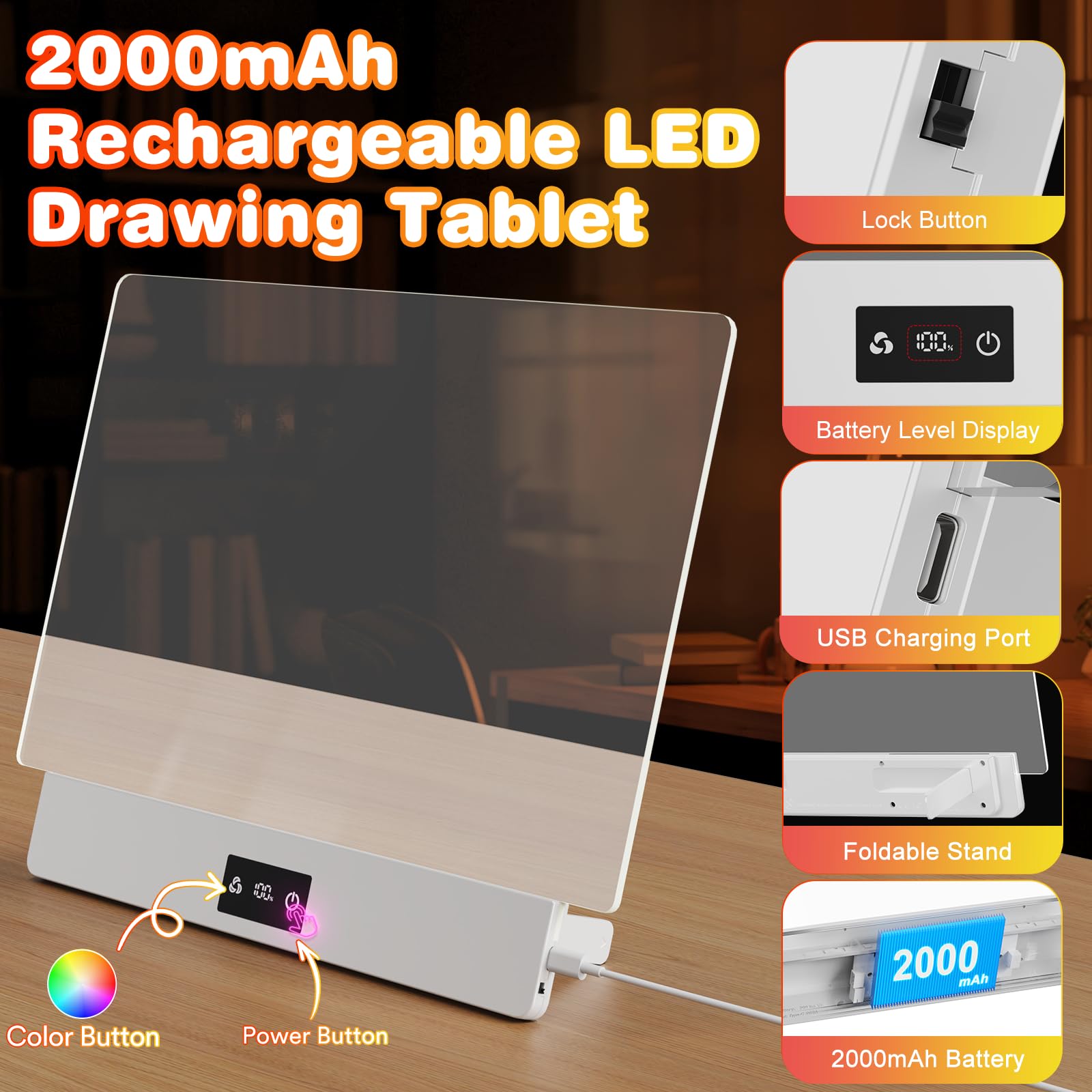 Demolike 16" LED Drawing Board for Kids, Rechargeable Glow Doodle Board with 10 Light Modes, Anti-Scratch Acrylic Dry Erase Pad, 7 Markers & A4