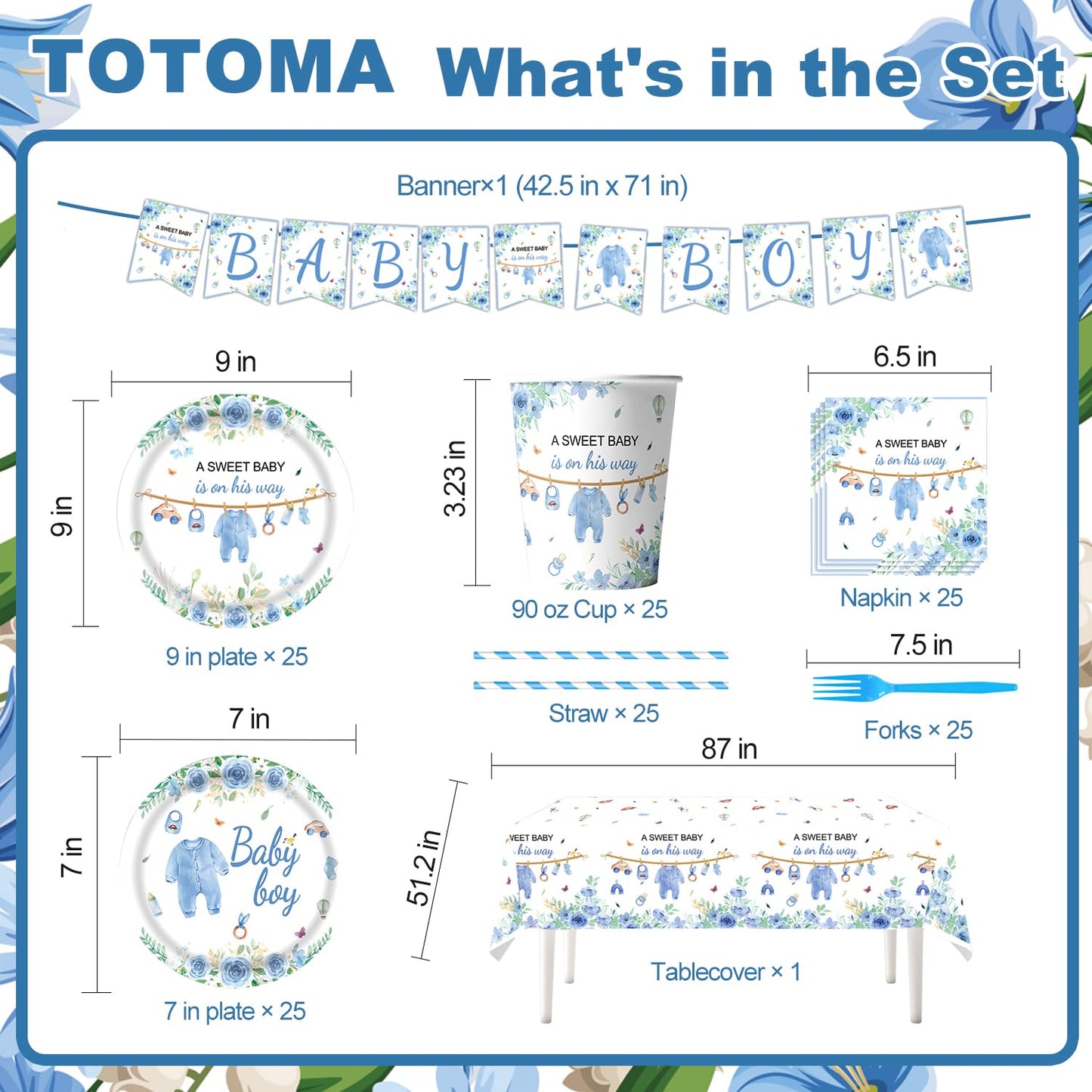 TOTOMA 162 Pcs Baby Shower Decorations for Boy Serve 25 Guest - Blue Theme All-in-One Party Supplies Kit with Plates, Cups, Napkins, Forks, Straws