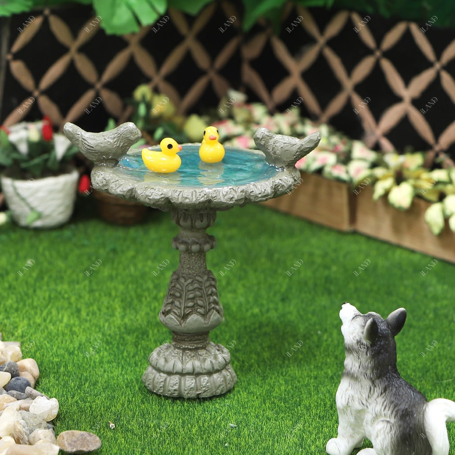 iLAND 1/12 Scale Garden Accessories Outdoor Miniature Birdbath Fountain & 2 Lion Wall Reliefs Mini Ornaments for Garden Dollhouse Décor Dollhouse