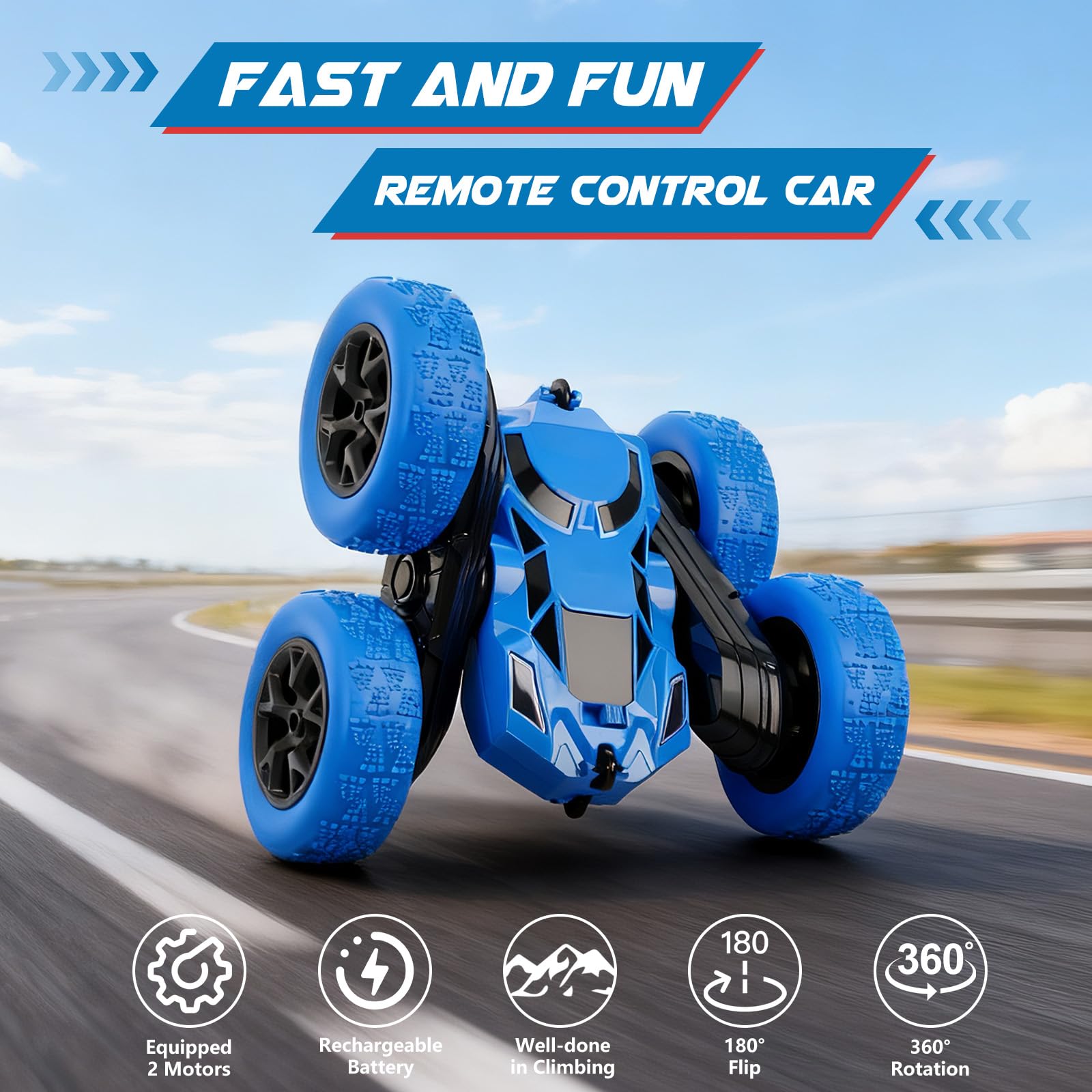 Remote Control Car, RC Cars Toys for Kids Ages 6-12, 2.4GHz RC Stunt Truck with 360° Double-Sided Flips, 4WD Off-Road Racing, Christmas Birthday Gifts