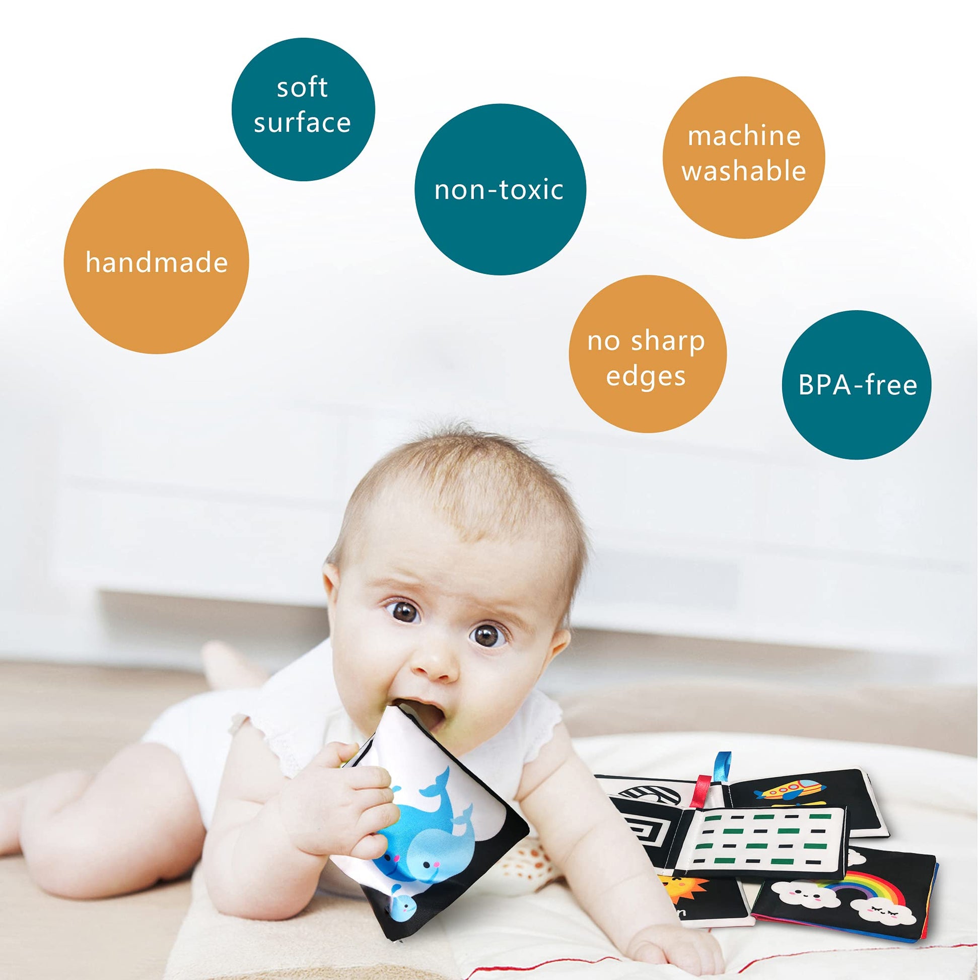 AMINFUN Soft Cloth Baby Books Black & White (4 Pack),Touch Crinkle Sensory Toys for Newborn Infants Toddler Non-Toxic Early Educational Preschool