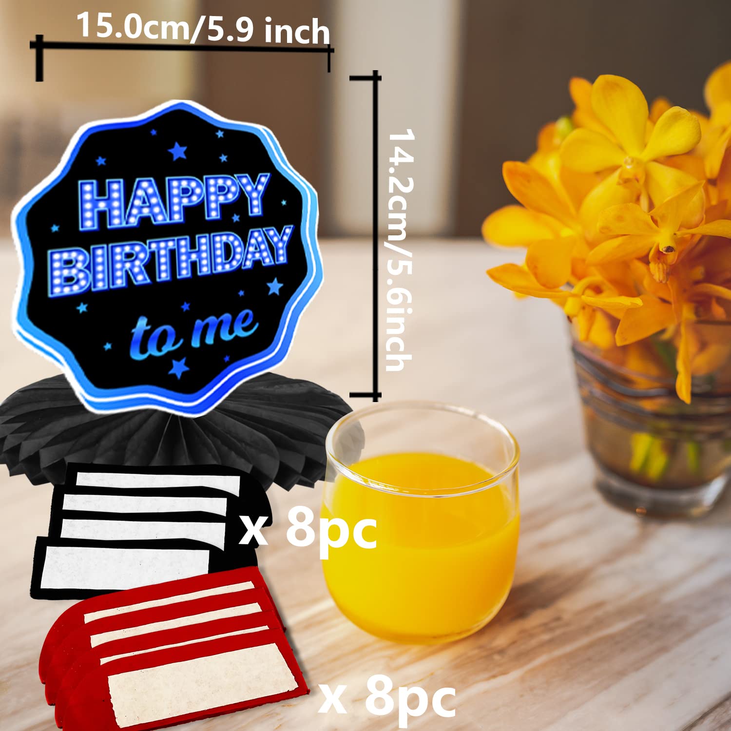 Happy Birthday Blue and Black Table Honeycomb Centerpieces Balloons Theme Decor Table Decorations Table Toppers for Girls Women Princess 16th 21st