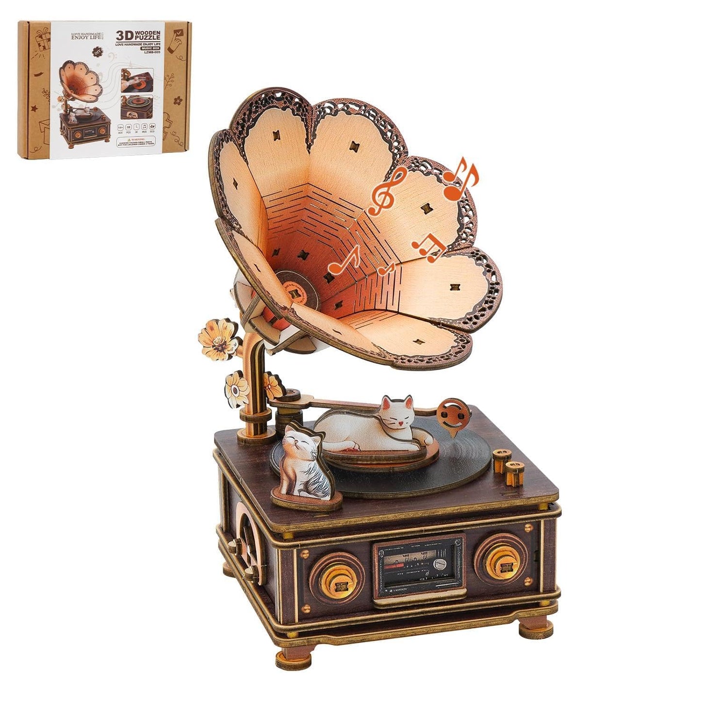 Rnfinewow 3D Puzzles for Adults, Wooden Cat Gramophone Music Box Handmade Model Kit DIY Crafts, 3D Wooden Music Box Puzzles Vintage Gramophone