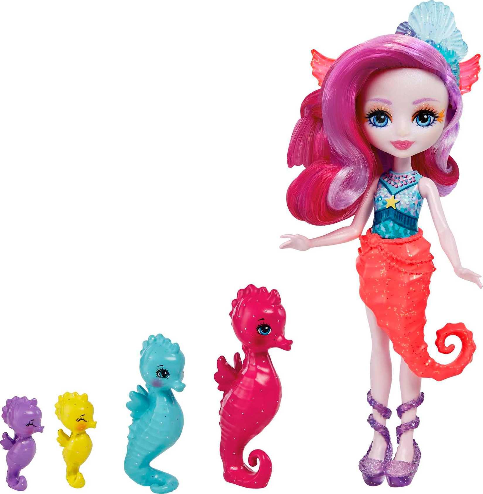 Mattel Enchantimals Family Set with Sedda Seahorse Small Doll & 4 Animal Sibling Figures, Ocean Kingdom Toy Collection