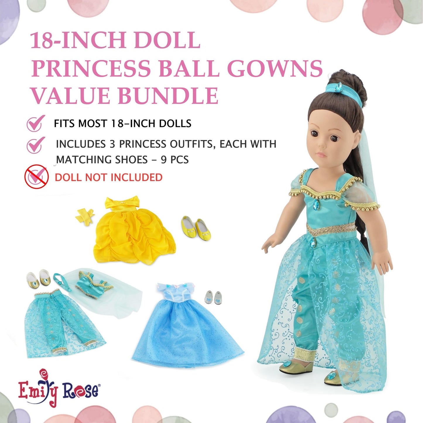 Emily Rose 14 Inch Doll Princess Clothes 9-PC Value Bundle | 3 Complete Outfits with Shoes | Compatible with American Girl and Our Generation Dolls |