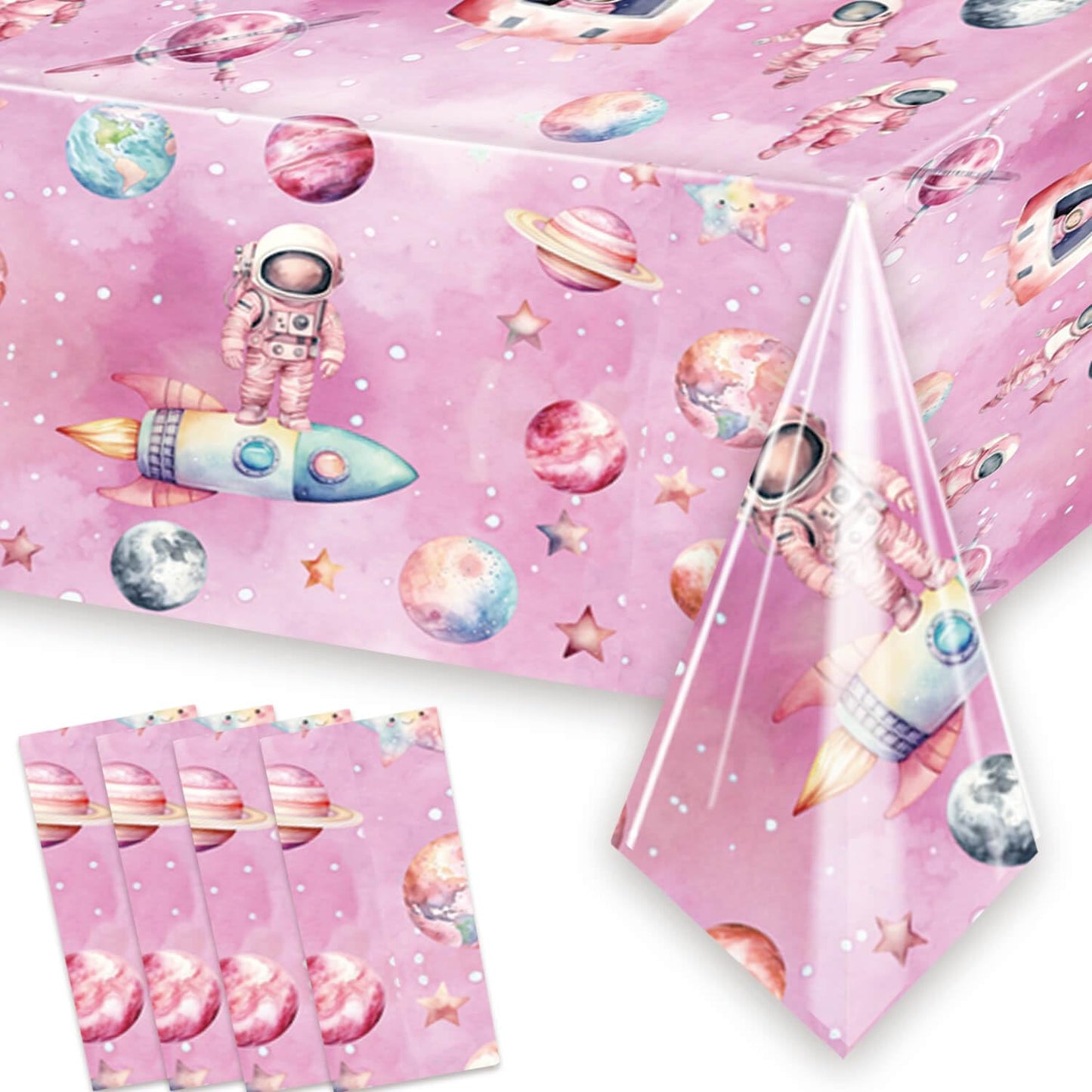 4 Pieces Outer Space Girls Birthday Table Cloth 54'' x 108'' Pink Space Table Covers for Astronauts Theme Girls Baby Shower 1st 2nd 3rd 4th 5th