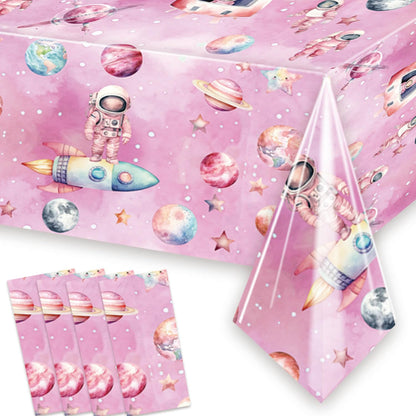 4 Pieces Outer Space Girls Birthday Table Cloth 54'' x 108'' Pink Space Table Covers for Astronauts Theme Girls Baby Shower 1st 2nd 3rd 4th 5th