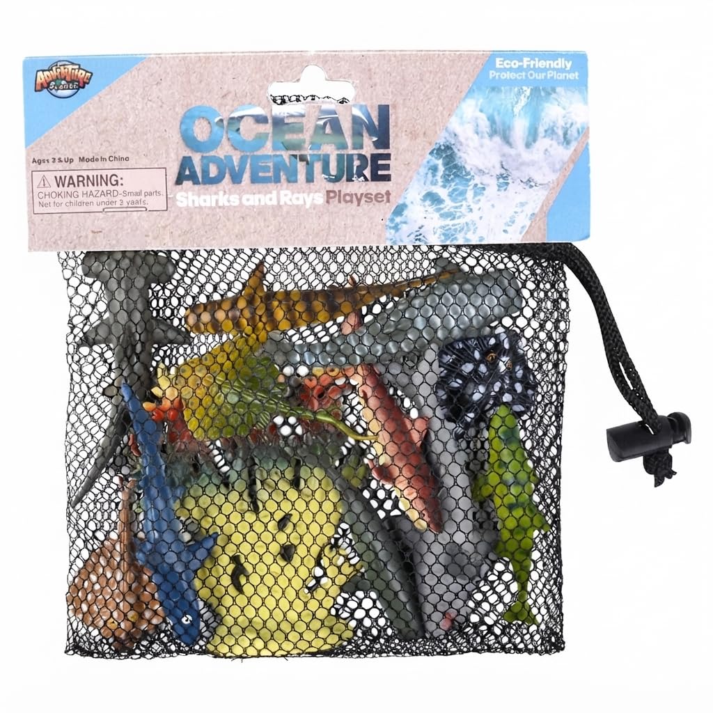 Rhode Island Novelty Shark and Stingray Playset: 12 Piece Toy Set in Clip Bag for Play on The GO!