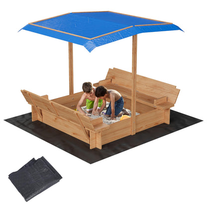 Kids Wood Sandbox with Cover, Spacious Outdoor Play Area with 2 Bench Seats Adjustable Canopy for Ages 3-8, Sand Boxes for Backyard Garden, Sand Pit