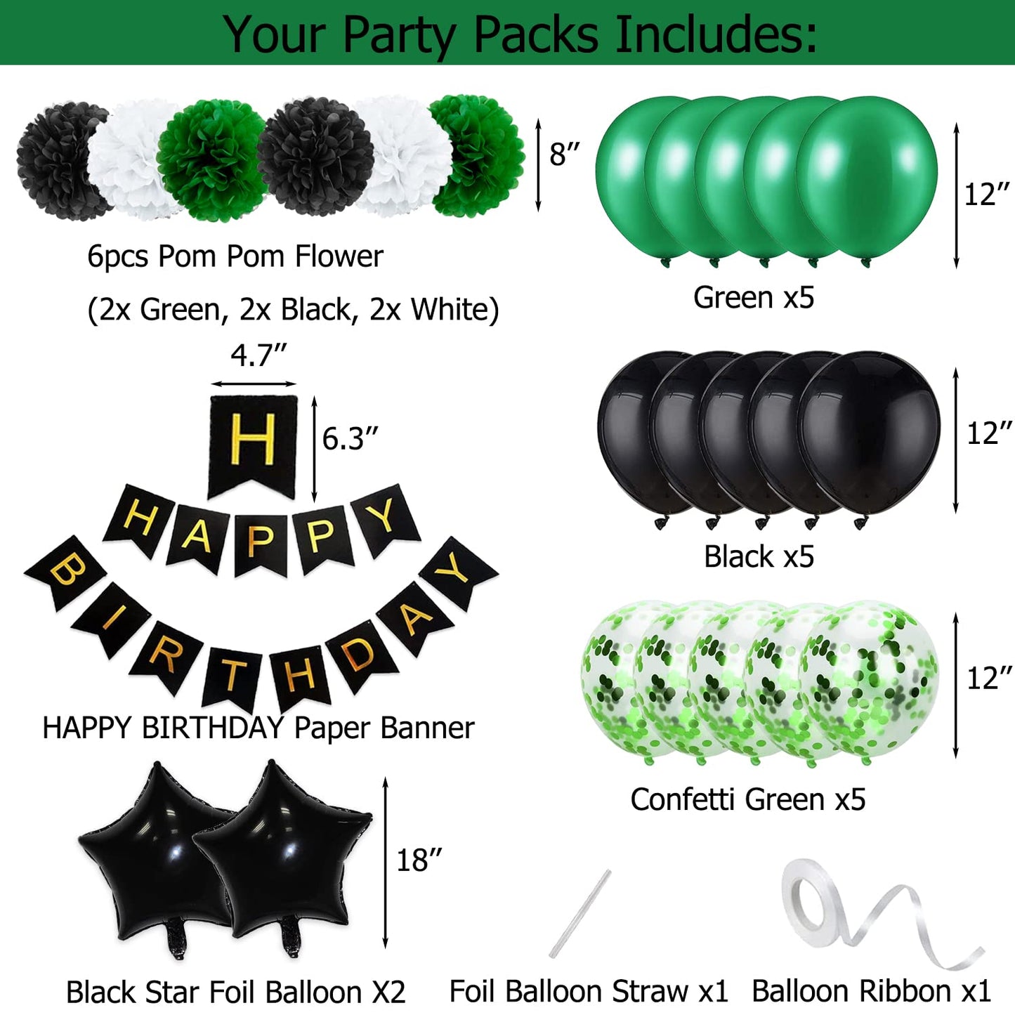 Rabbmall Birthday Decorations for Men Green and Black Party Decor Supplies Including Happy Birthday Banner Confetti Latex Balloon Foil Balloon