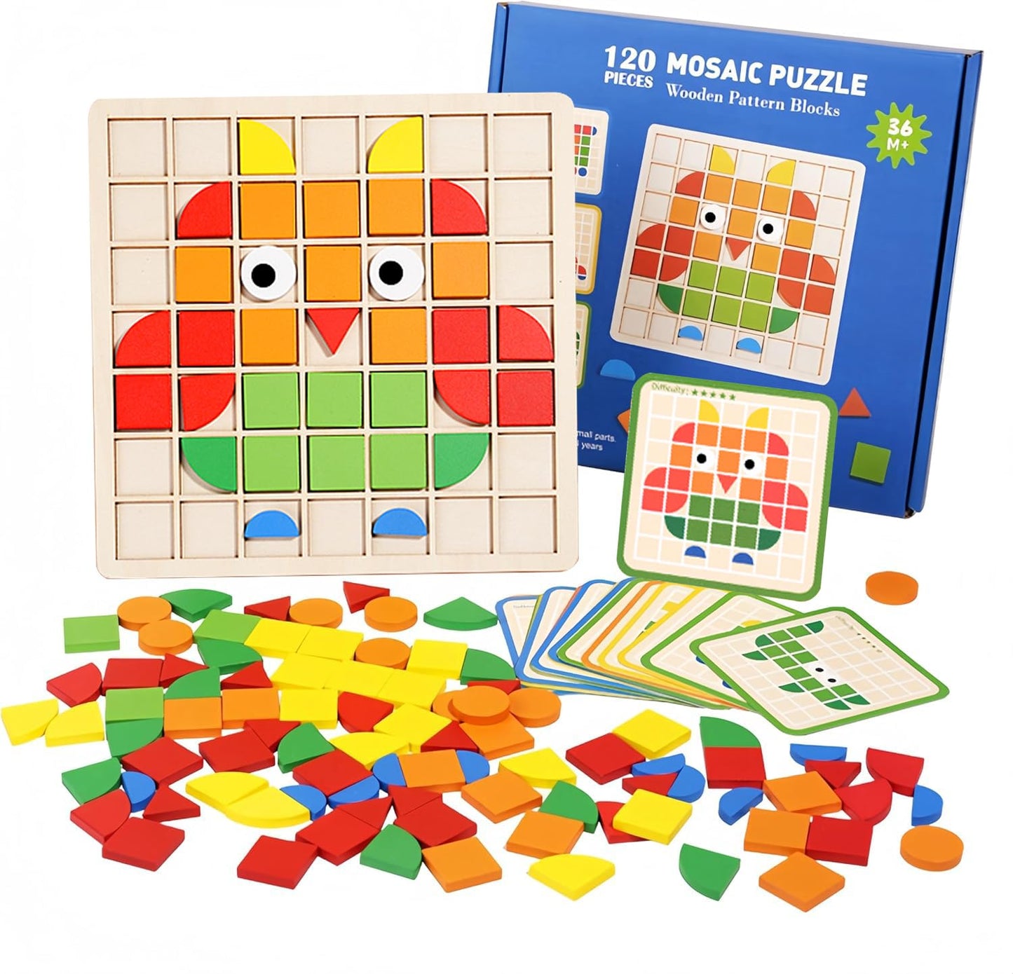 Mosaic Shape Wooden Pattern Blocks Puzzle, 120 PCS Wooden Pattern Blocks with 20 Pcs Reference Cards,Kindergarten Classic Educational Geometric Shape