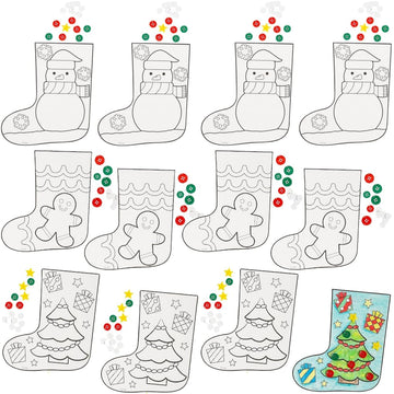 Color Your Own Christmas Stocking with Buttons Craft Kit - 7" x 8" (12 Sets) - Assorted Design - Ideal for Holiday Craft Activities and Festive