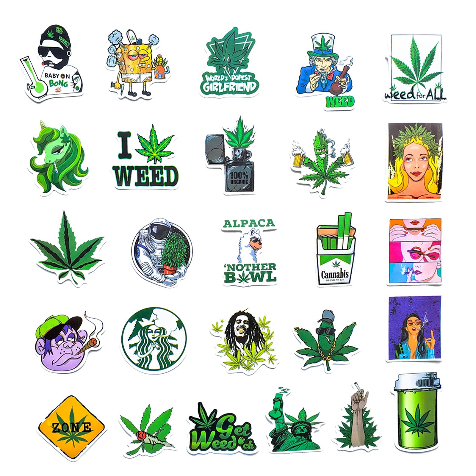 90 pcs Smoking Green Sticker Pack - Use as Cannabis Weed Leaf Stickers, Trippy Stoner Stickers, Marijuana 420 Theme Decors on Bong, Skateboard