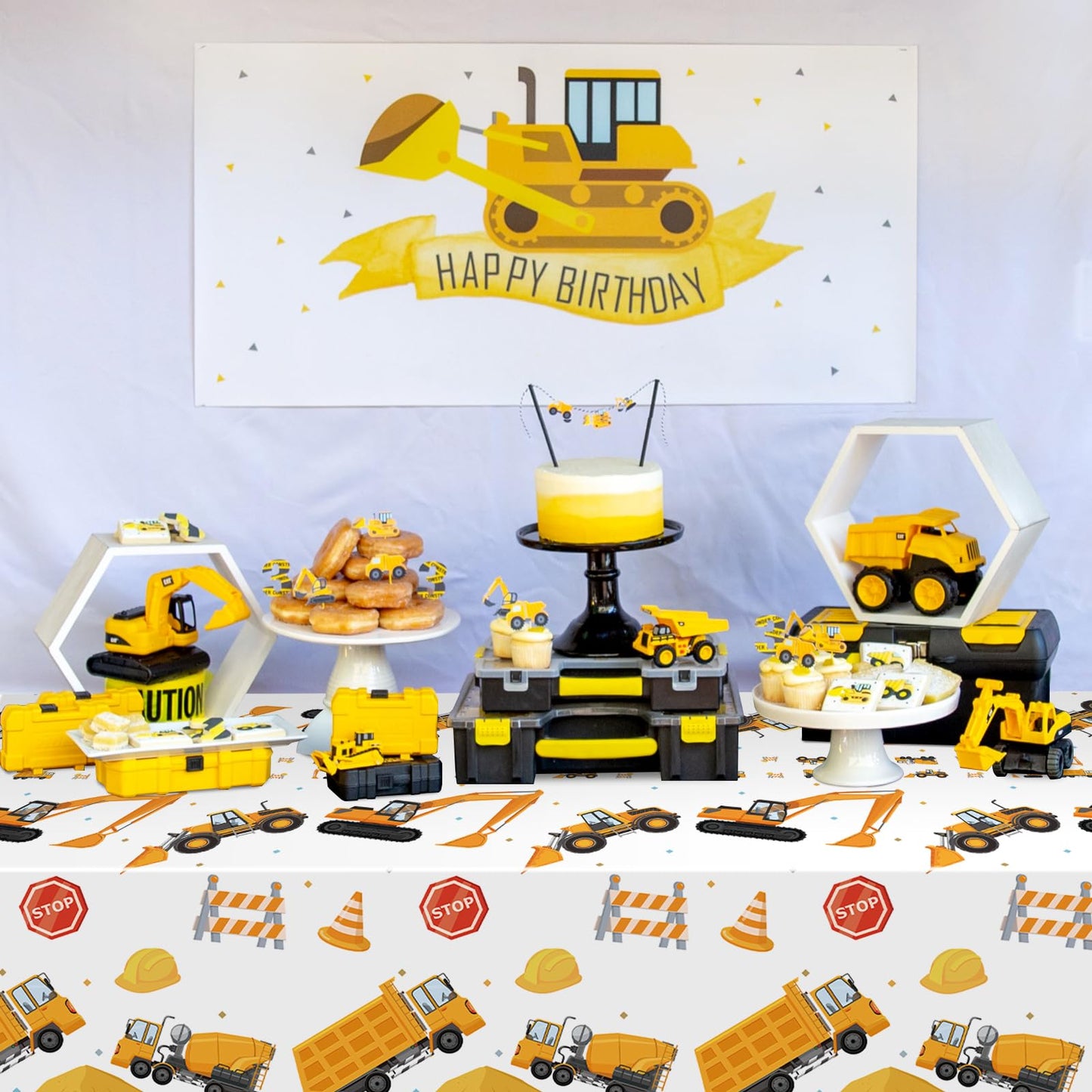 3-Piece 51 x 87 Inch Construction Plastic Tablecloth - Dump Truck and Traffic Sign Design, Disposable Rectangle Table Cover for Boys Birthday, Truck