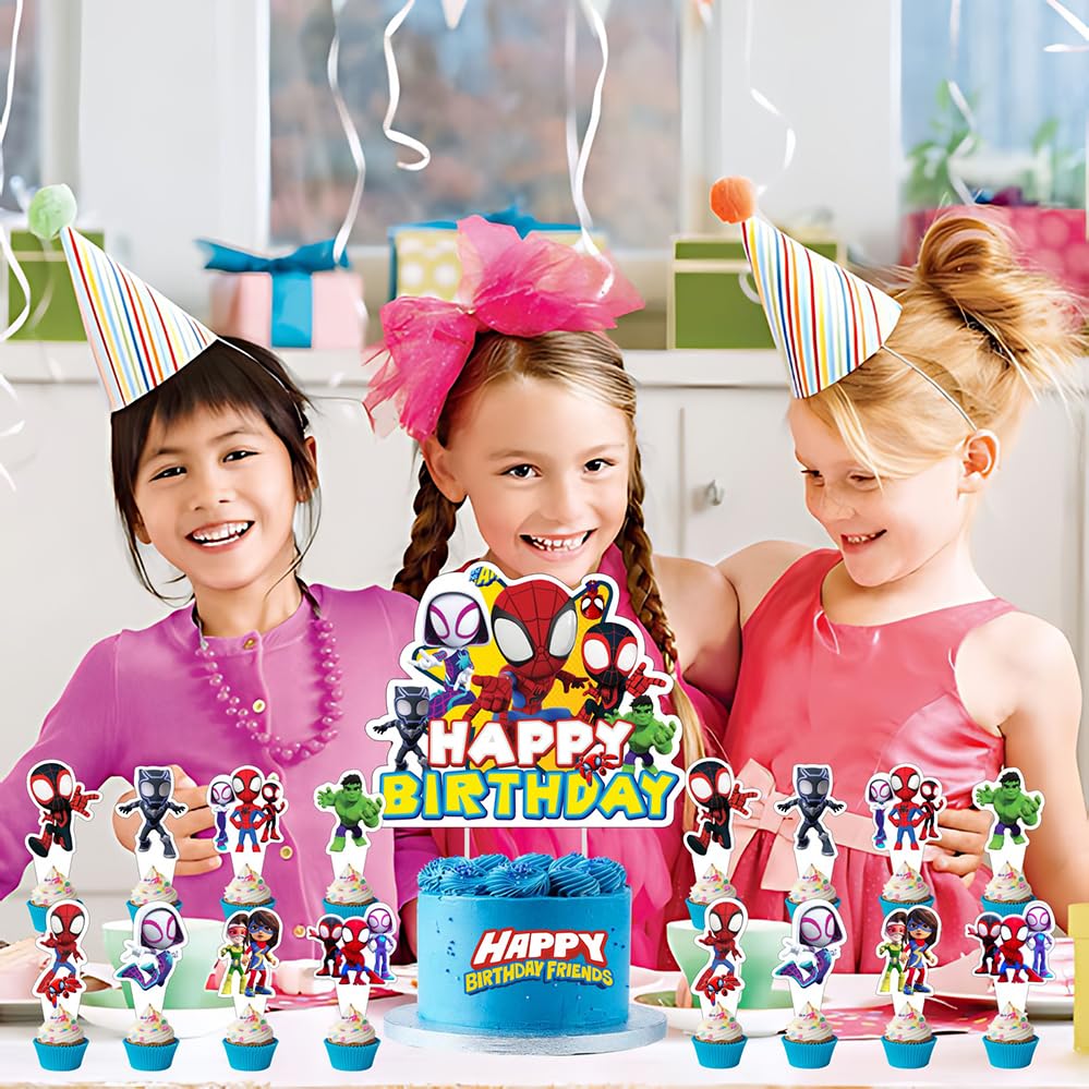 25pcs Spider and His Friends Cake Decorations with 24pcs Cupcake Toppers, 1pcs Cake Topper for Wrestling Birthday Party Supplies