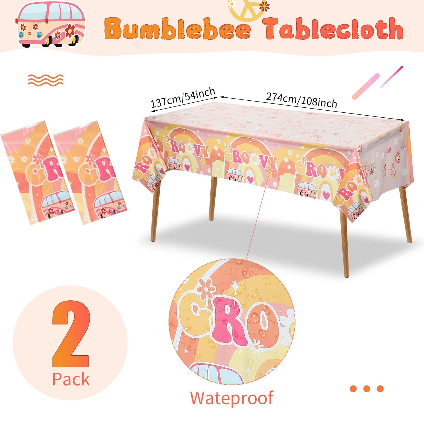 189 Pcs Two Groovy Birthday Party Tableware Set, Groovy Boho Hippie Daisy Tablecloth 24 Guests Dinner Plates Dessert Plates Cups and Napkins for Girl