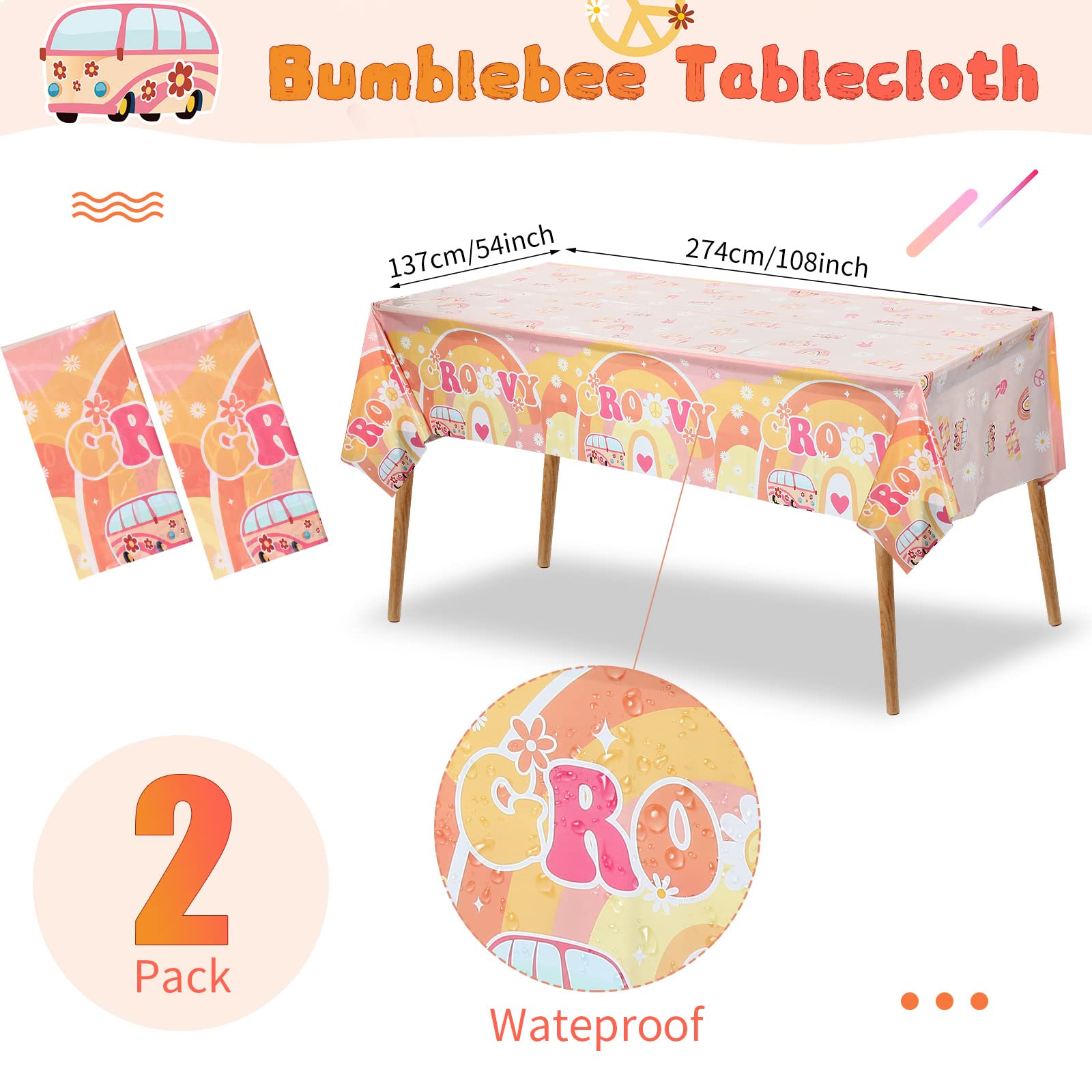 189 Pcs Two Groovy Birthday Party Tableware Set, Groovy Boho Hippie Daisy Tablecloth 24 Guests Dinner Plates Dessert Plates Cups and Napkins for Girl