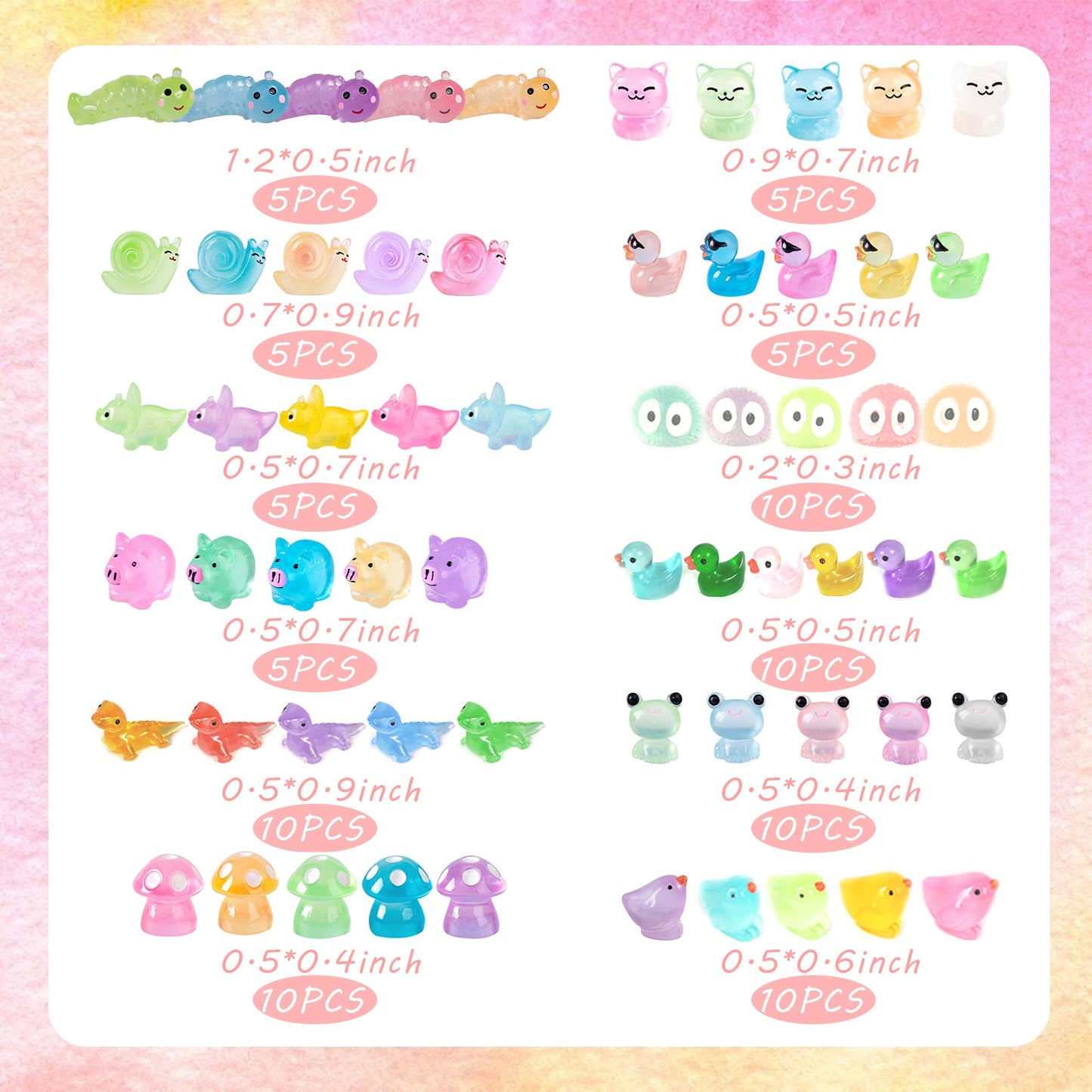Tazimi 90 PCS Mini Resin Animal Figurines Glow in The Dark Miniature Figurines Aquarium Ornaments Charms for Garden Dollhouse Aquarium Home Birthday